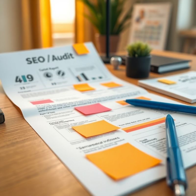 Raport SEO tipărit cu notițe și pix azuriu pe un birou de stejar