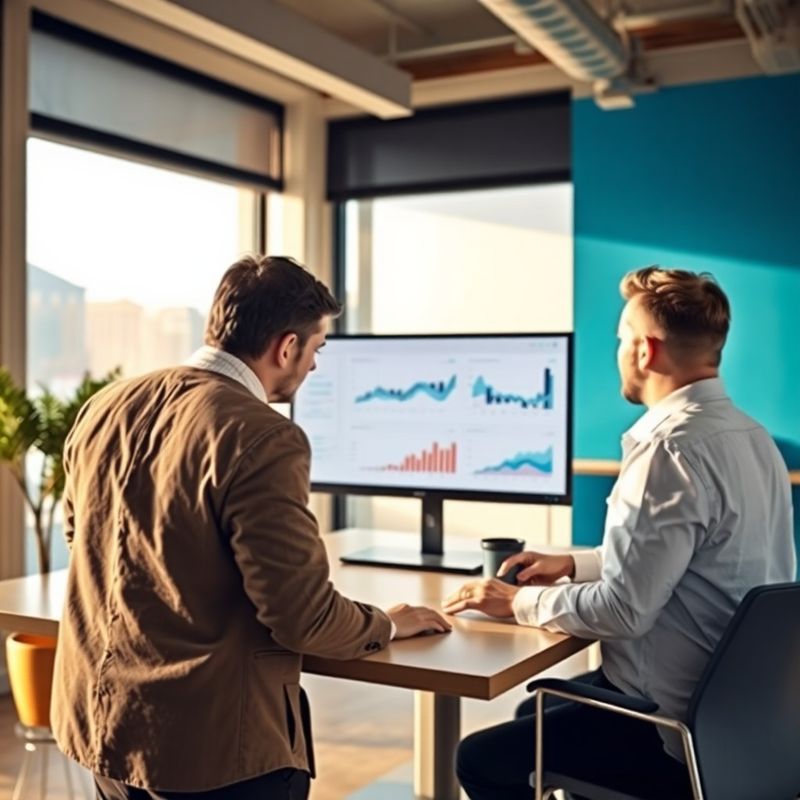 Doi profesioniști analizează statistici pe un monitor mare într-un birou modern din Constanța