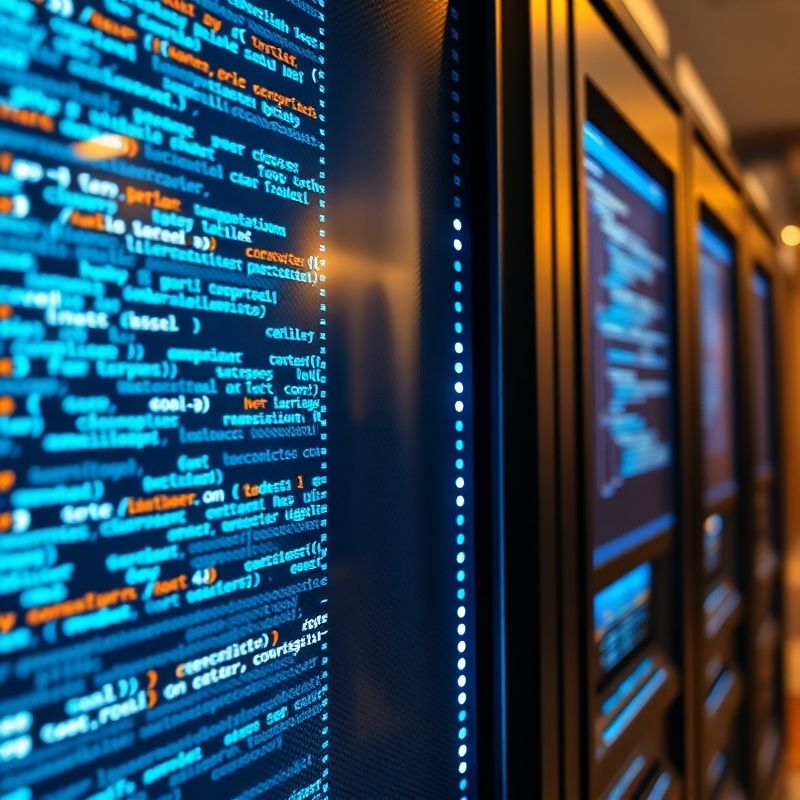 Rack de servere cu iluminare azurie și cod pe monitoare